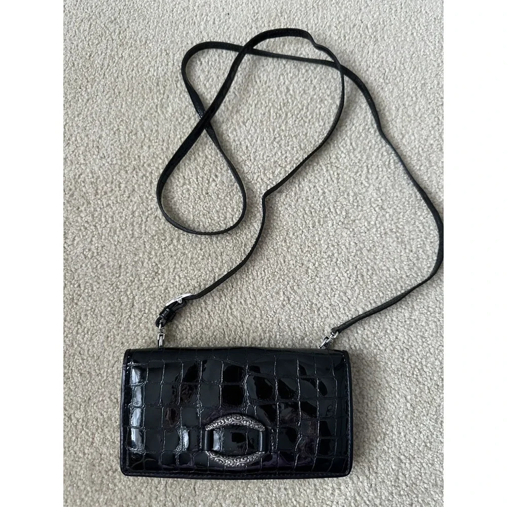 Brighton Patent Leather WALLET Crossbody Convertible‎ Clutch BLACK Croc Tri Fold